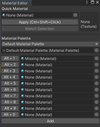 Unity ProBuilder Material Editor showing a quick material field and material palette slots.