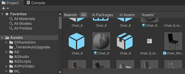 Unity Project window showing asset folders, package filters, and asset thumbnails.