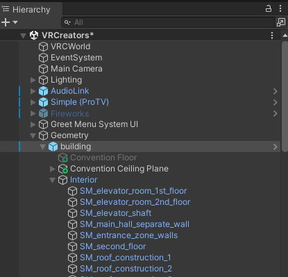 Unity Hierarchy showing a VRChat world scene with VRCWorld, EventSystem, lighting, ProTV, fireworks, menu UI, and geometry objects.
