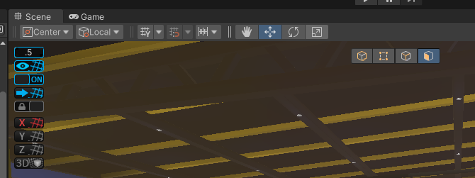Unity Scene view toolbar and transform controls above a world scene with editor tabs visible.