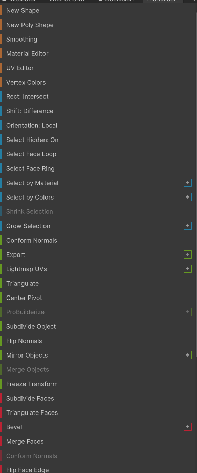 Full Unity ProBuilder tools list including shape, edit, UV, color, extrusion, bridge, merge, smoothing, and lightmap tools.