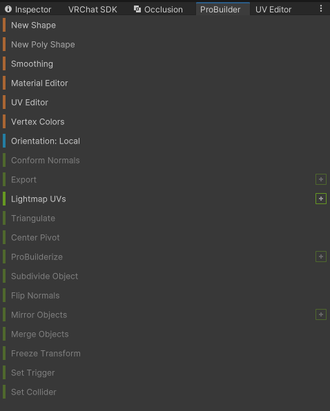 Unity ProBuilder tools window showing shape creation, smoothing, material editor, UV editor, and object editing tools.