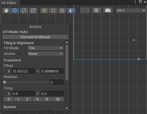 Unity ProBuilder UV Editor window with tiling, offset, rotation, and anchor controls.