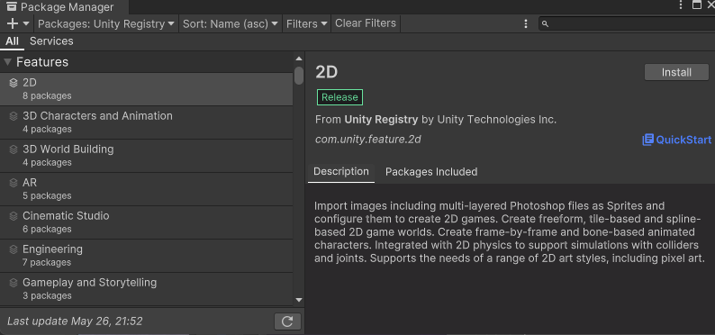 Unity Package Manager showing a Unity Registry package details panel with an Install button.