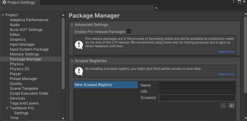 Unity Project Settings Package Manager page showing advanced settings and scoped registry fields.