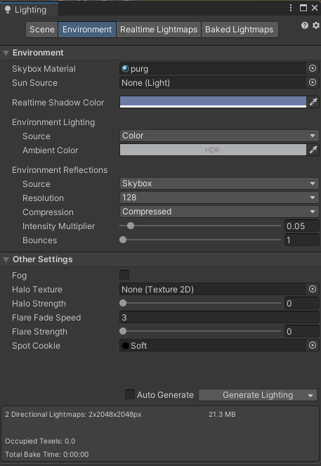 Unity Lighting window Environment tab with skybox, ambient lighting, reflections, fog, and sun settings.