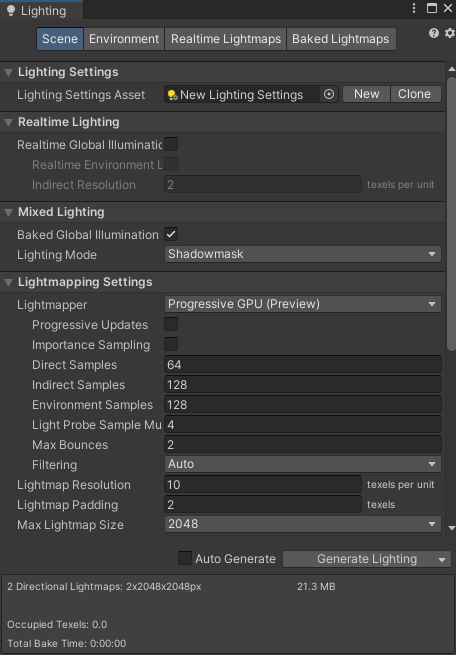Unity Lighting window Scene tab with realtime global illumination, baked global illumination, and lightmapping settings.