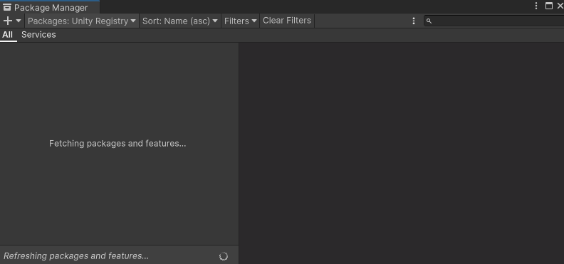 Unity Package Manager window fetching packages and features from Unity Registry.