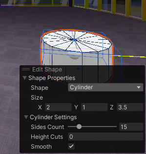 Unity Scene view showing a selected ProBuilder cylinder with shape properties for sides, height cuts, and smoothing.