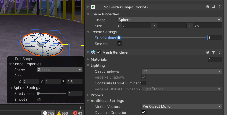 Unity Inspector showing a ProBuilder shape with mesh renderer, material, lighting, and shadow settings.