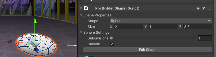 Unity Scene view with a selected ProBuilder shape and Shape Inspector controls visible.