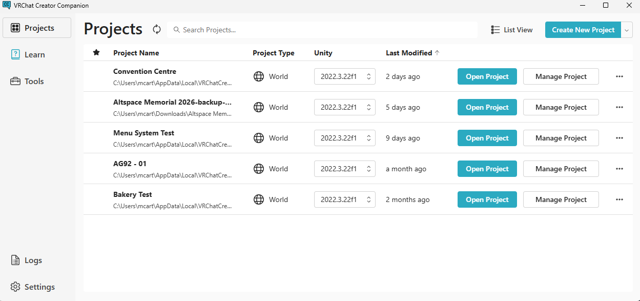 VRChat Creator Companion Projects tab showing avatar and world projects with Open Project and Manage Project buttons.