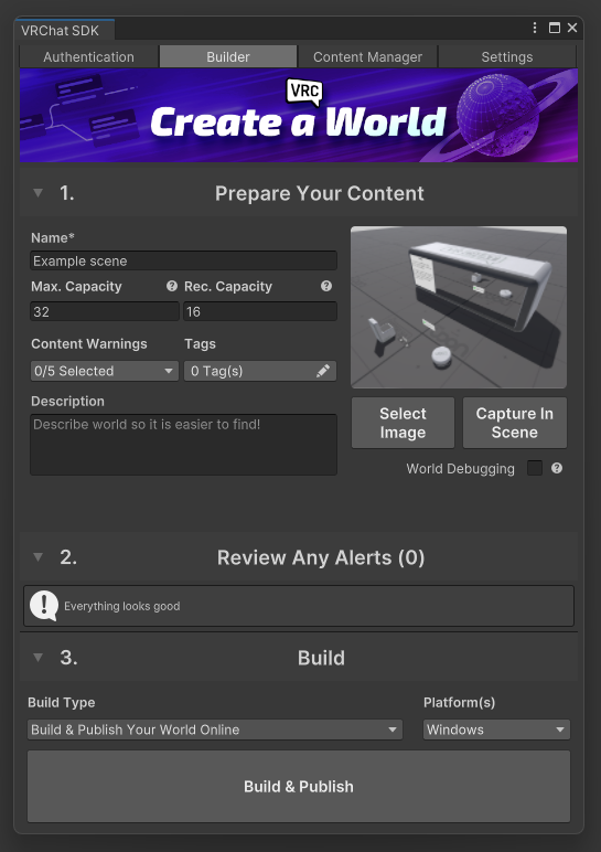 VRChat SDK Builder showing the world metadata form and Build and Publish button.