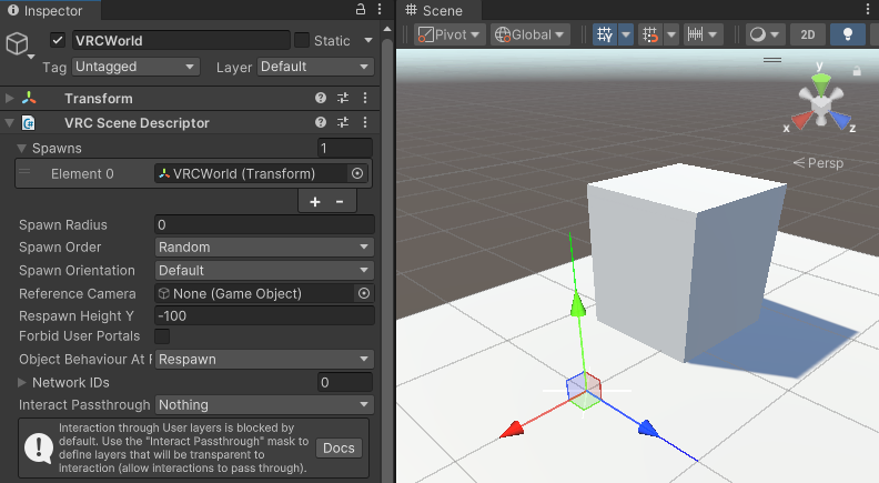 Unity Inspector showing the VRC Scene Descriptor with a spawn point assigned in the scene.