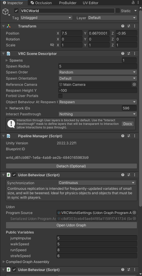Unity Inspector showing a VRCWorld object with VRC Scene Descriptor, Pipeline Manager, and Udon Behaviour components.