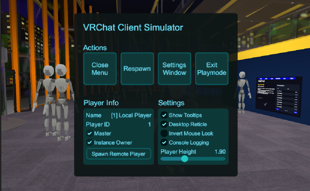 VRChat Client Simulator control window with actions, player info, and simulation settings over a Unity world scene.