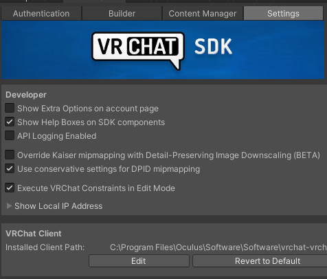 VRChat SDK Settings tab showing developer options, debug toggles, and VRChat client install path.