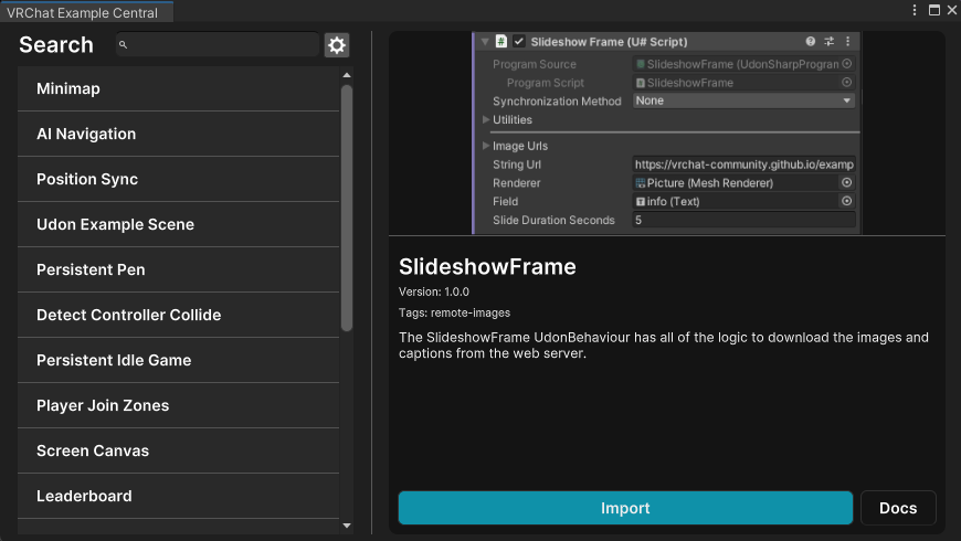 VRChat Example Central window showing a SlideshowFrame example with Import and Docs buttons.