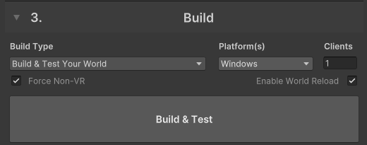 VRChat SDK Builder showing the Build and Test section inside the Builder tab.