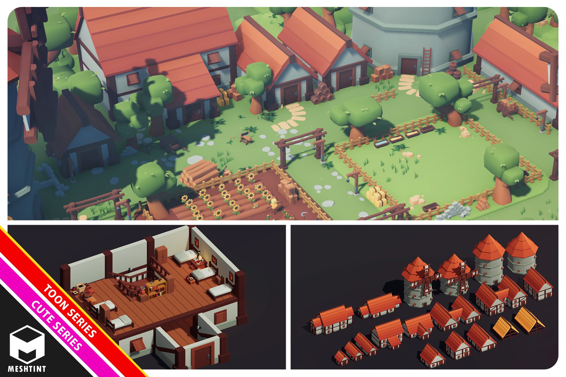 Modular Medieval Farm Village Buildings Pack Cute Toon Series